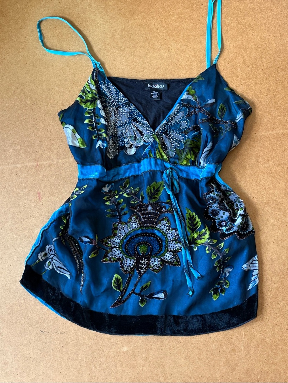 le chateau Teal and Navy Floral Beaded Silk Cami